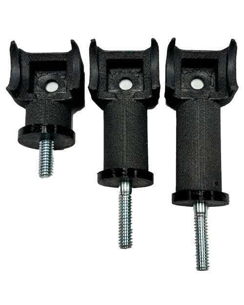 Load image into Gallery viewer, Three Bowdacious™ Bowrest™ Two Point Wed Bowrest Mounts with cylindrical bodies and threaded metal rods extending from the bottom are shown. The mounts, ideal for any mounting kit, have a rectangular head featuring a circular knob on the front. The items are arranged vertically with slight spacing between each one for convenience.