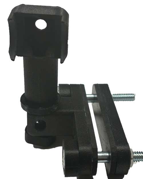 Load image into Gallery viewer, Close-up of a black plastic clamp mechanism with a cylindrical attachment and a bolted fastening system. The clamp is partially disassembled, revealing the internal screw and nut components. A single hole is visible on the upright part of the clamp, part of an innovative Bowdacious™ Bowrest™ Two Point Wed Bowrest Mount for added convenience.