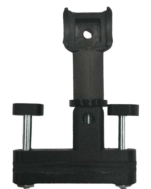 Load image into Gallery viewer, A black metal bracket with a vertical arm featuring a central hole. The base includes two adjustable bolts with knobs and a screw in the middle for secure mounting. This convenient mounting kit is ideal for holding tools or equipment, making it an essential addition to any workshop setup. The Bowdacious™ Bowrest™ Two Point Wed Bowrest Mount will enhance your productivity and organization.