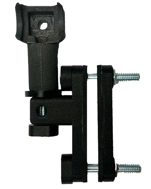 Load image into Gallery viewer, A black Bowdacious™ Bowrest™ Two Point Wed Bowrest Mount with a vertical support and two horizontal bolts. The top section has a square-shaped attachment point and a cylindrical component with a hole. This convenient mounting kit is designed for adjustable positioning and secure fastening.