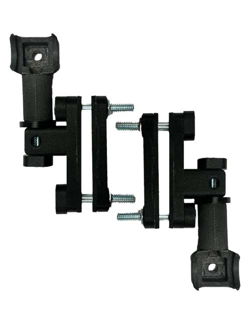 Two Bowdacious™ Bowrest™ Two Point Wed Bowrest Mounts are shown with screws. Each bracket features a hinge mechanism and mounting holes, designed for installation on gates or doors for structural support and movement. The convenience of this complete mounting kit ensures easy alignment and secure fitting.