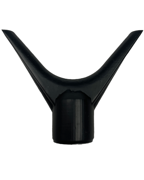 Black plastic spray nozzle with a wide v-shaped opening, designed for attachment to a hose or bottle for distributing liquids in a Bowdacious™ Bowrest™ edition fan spray pattern.