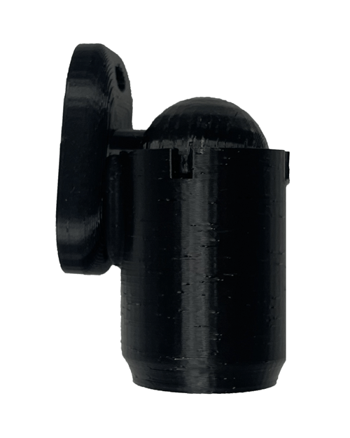 Bowdacious™ Bowrest™ Crossbow Connector Ball joint with a cylindrical body and a side lever, suitable for a tripod stand, isolated on a white background.